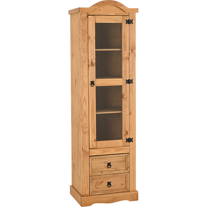 Corona 1 Door 2 Drawer Glass Display Unit In Distressed Wax Pine